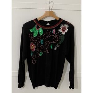 Vtg Lindsey Blake Floral Sweater Sz Large Black Beaded Sequins Art to Wear 80's